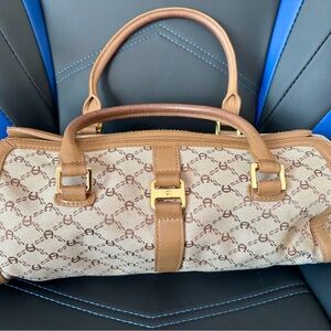 Vintage Etienne Aigner Leather Trim Handbag Purse Brown Gold Hardware